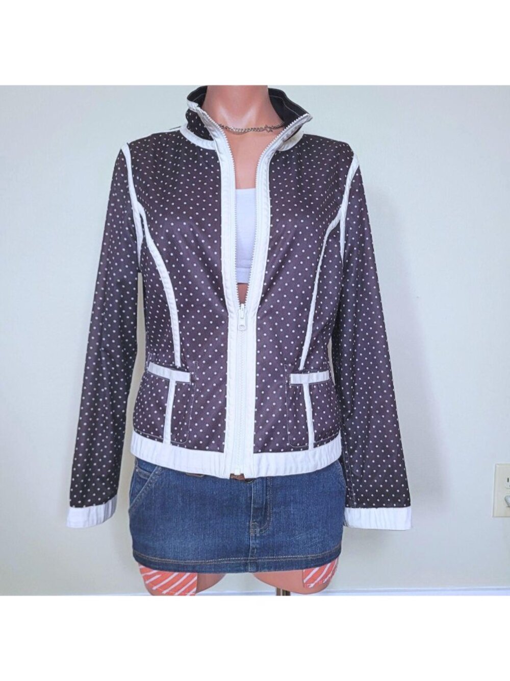 Ann Nixon Vintage Brown Polka Dot Reversible Pattern Hooded Jacket (One Size)